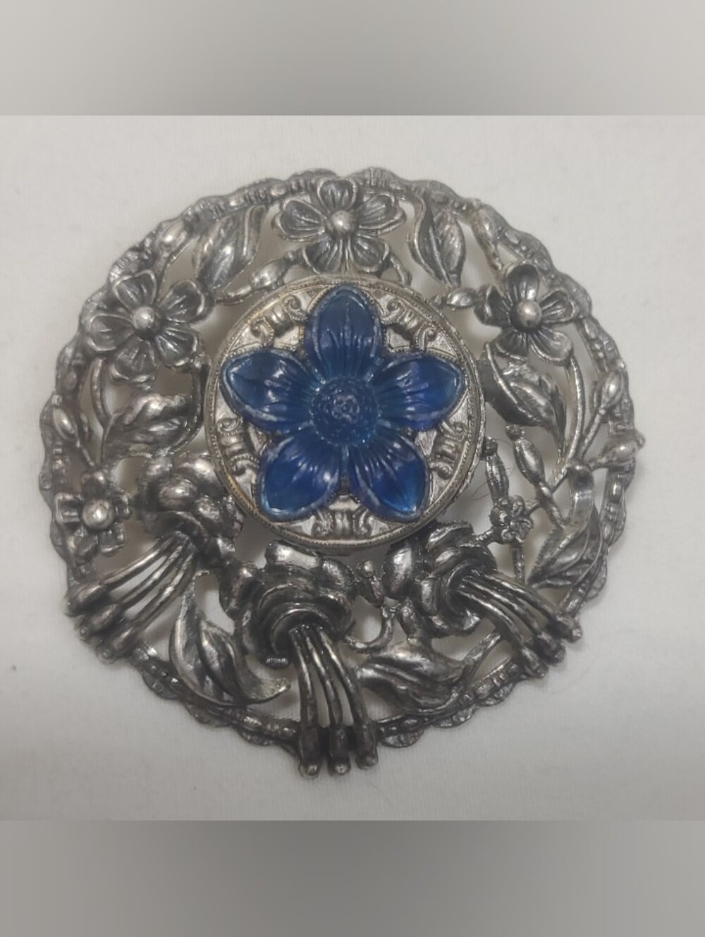 Vintage Filigree Blue Flower Secret Perfume Compartment Pendant Brooch